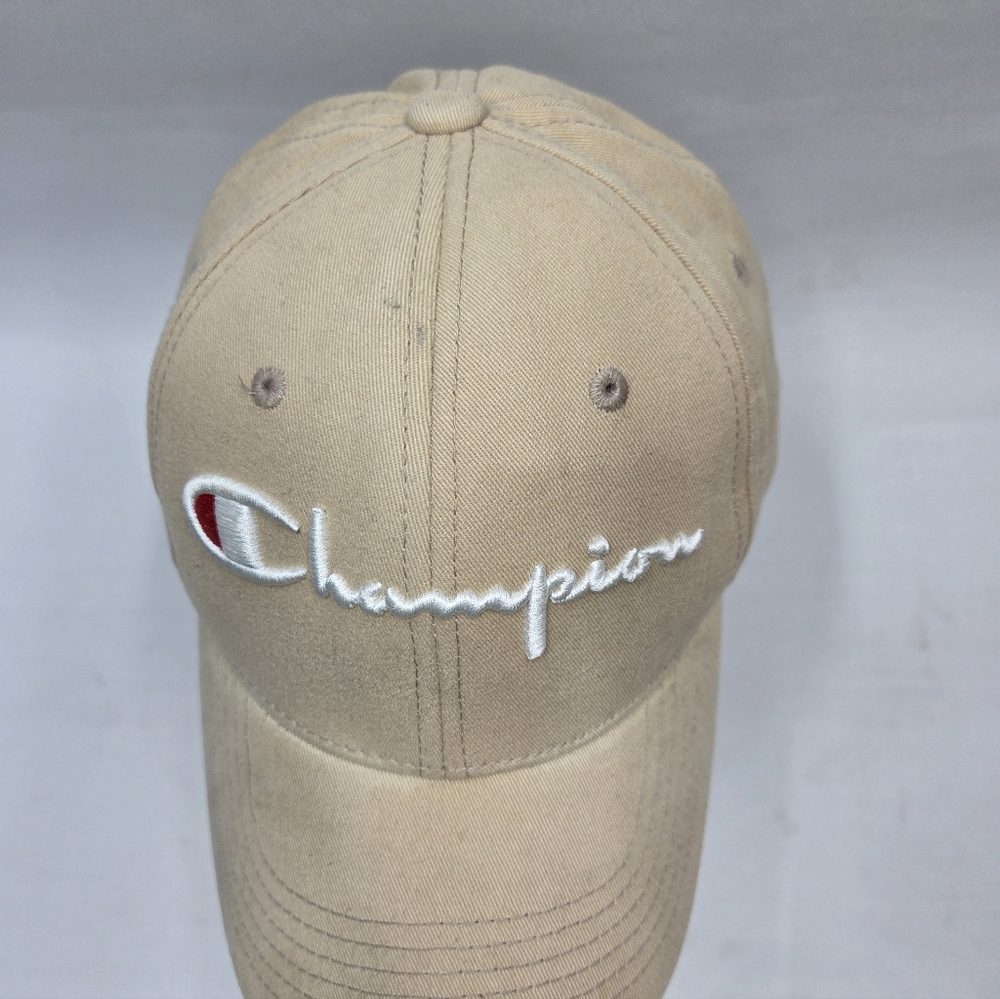 Champion Strap Back Adjustable Tan Cotton Hat Embroidered Logo Unisex
